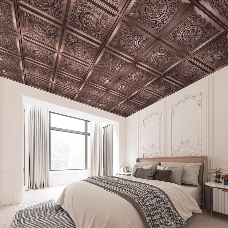 WOWSTAR 12-Pack 24"x24" 3D Drop Ceiling Tiles, Waterproof Glue up Ceiling Panels, Antique Copper - Image 3